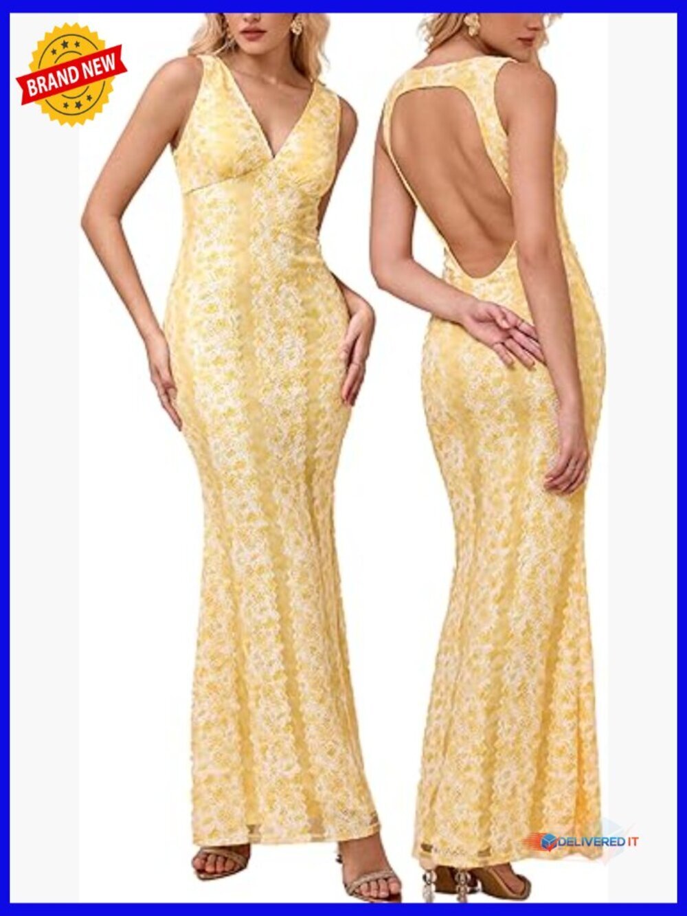 V-Neck Backless Lace Maxi Dress for Wedding Guest Formal Occasions